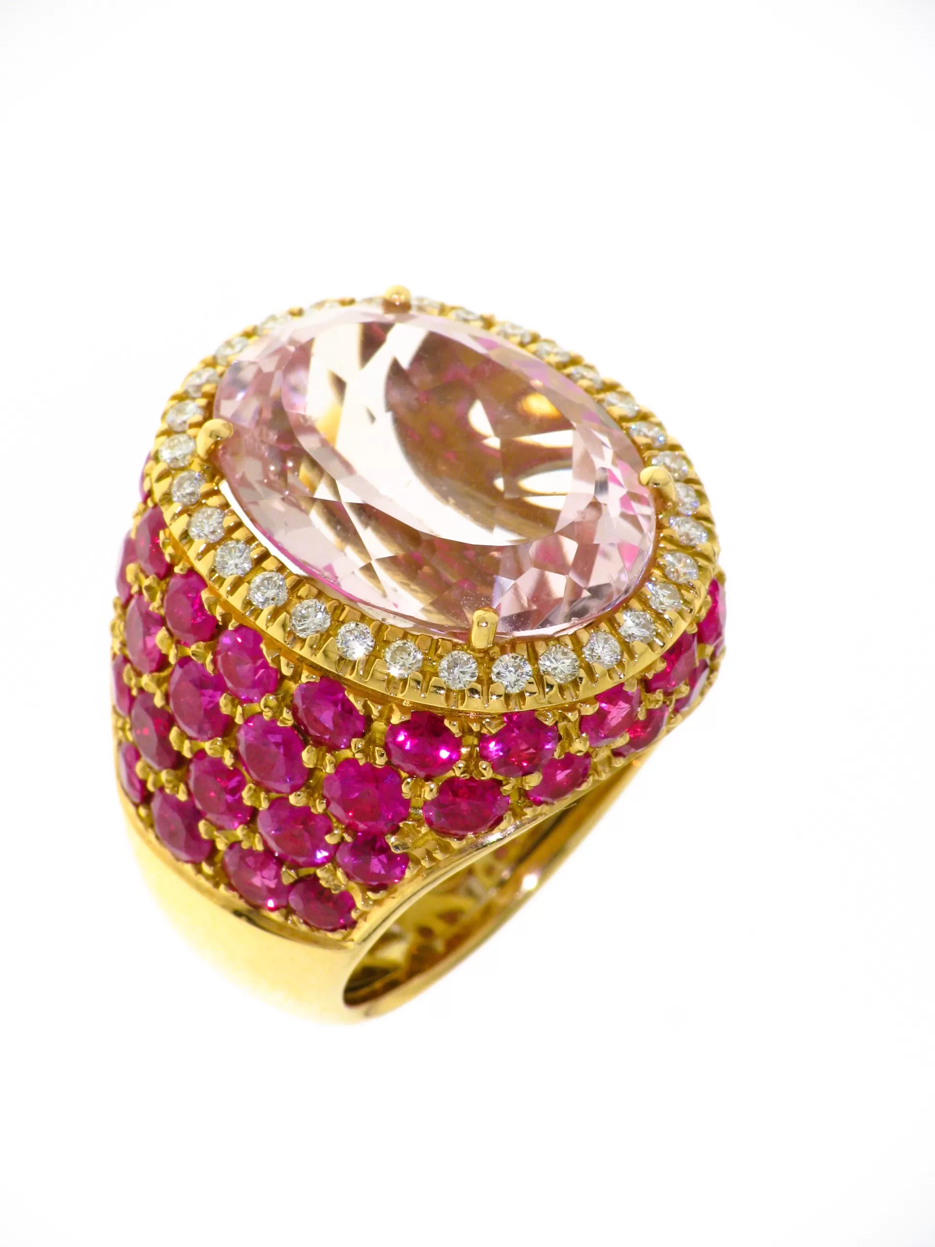 Gold Band Ring with Diamonds, Rubies and Morganite